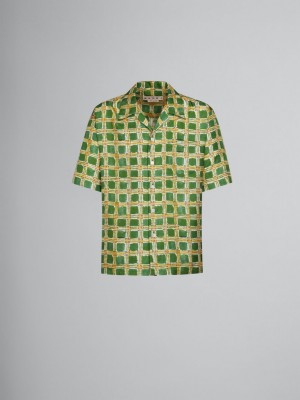 Marni Silk Twill Shirt With Check Fields Print Gröna | ZSEMJ90071