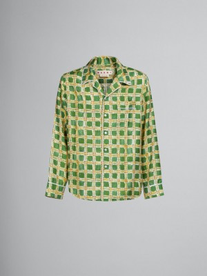 Marni Silk Twill Shirt With Check Fields Print Gröna | ESEHC19704