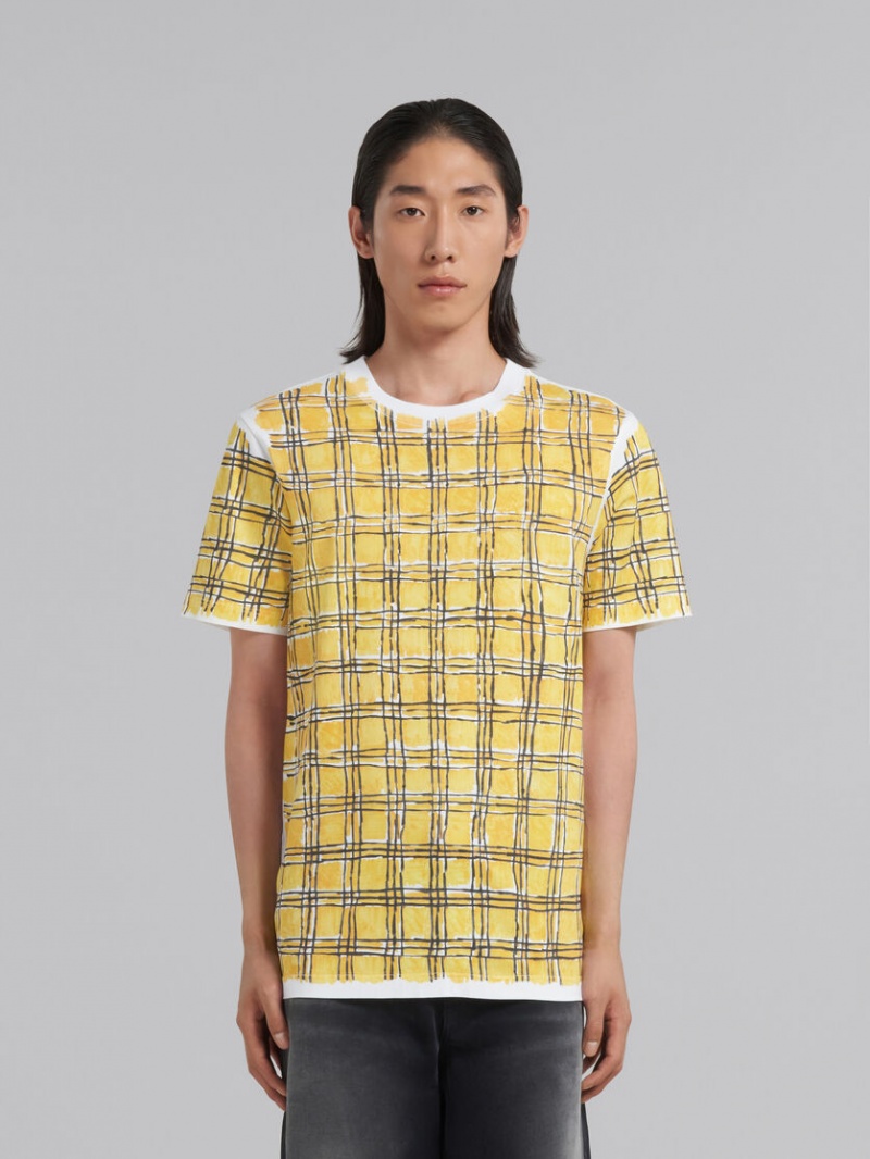 Marni Bio Bomull T-shirt With Irregular Checked Print Gula | SEICD74086