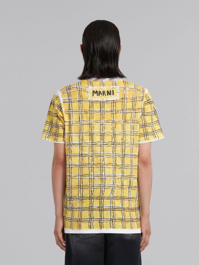 Marni Bio Bomull T-shirt With Irregular Checked Print Gula | SEICD74086