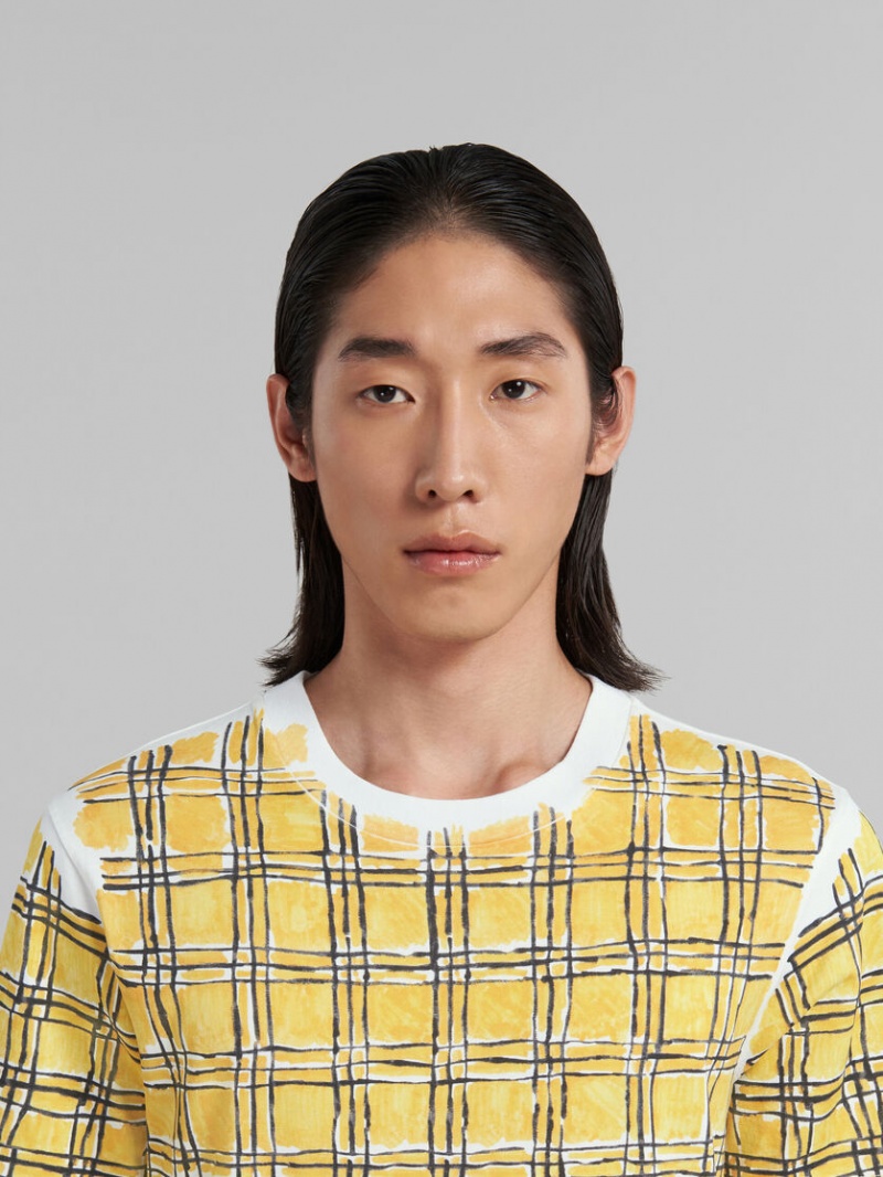 Marni Bio Bomull T-shirt With Irregular Checked Print Gula | SEICD74086