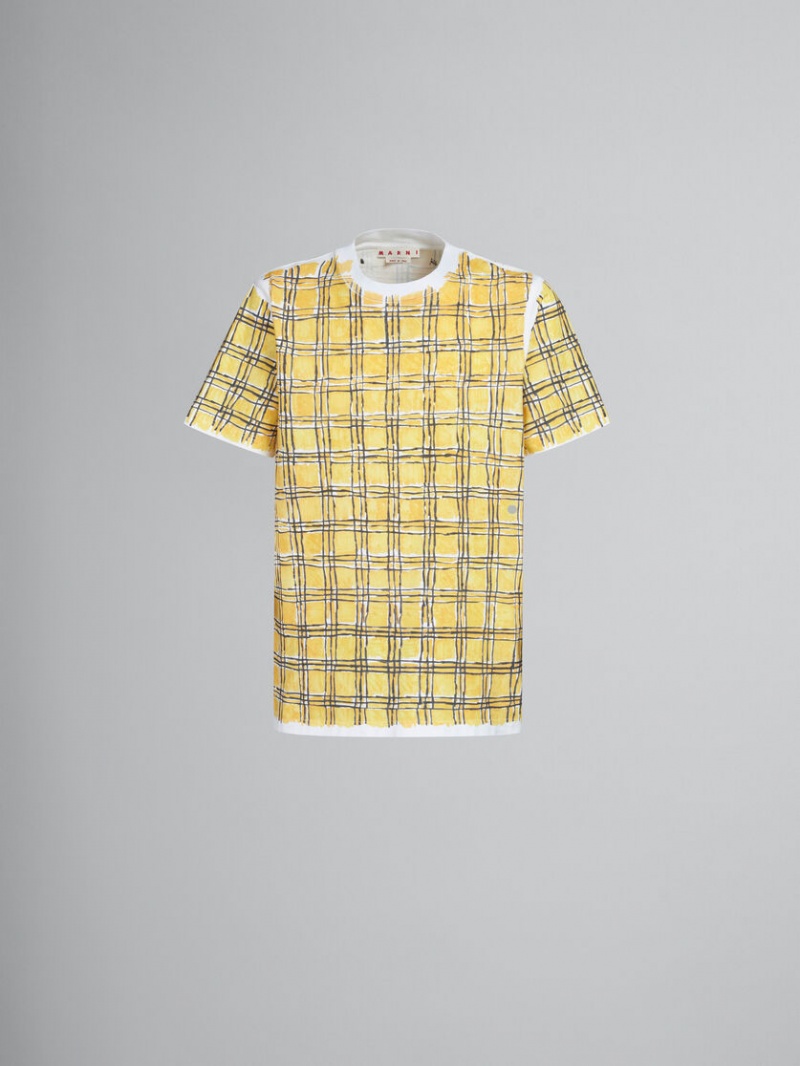 Marni Bio Bomull T-shirt With Irregular Checked Print Gula | SEICD74086