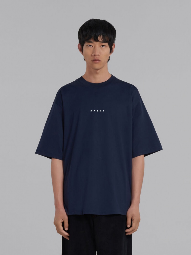 Marni Bio Bomull T-shirt With Logo Mörkblå | USEND80929