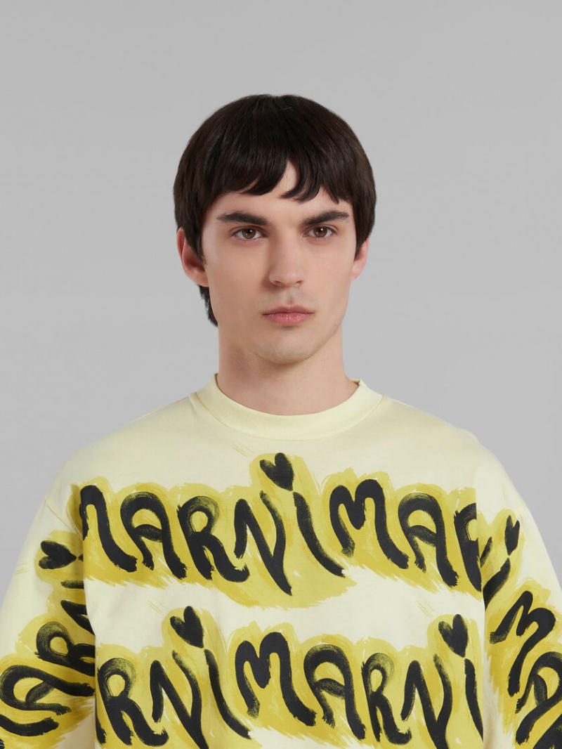 Marni Bio Bomull T-shirt With Logo Stripes Gula | BSESD39826