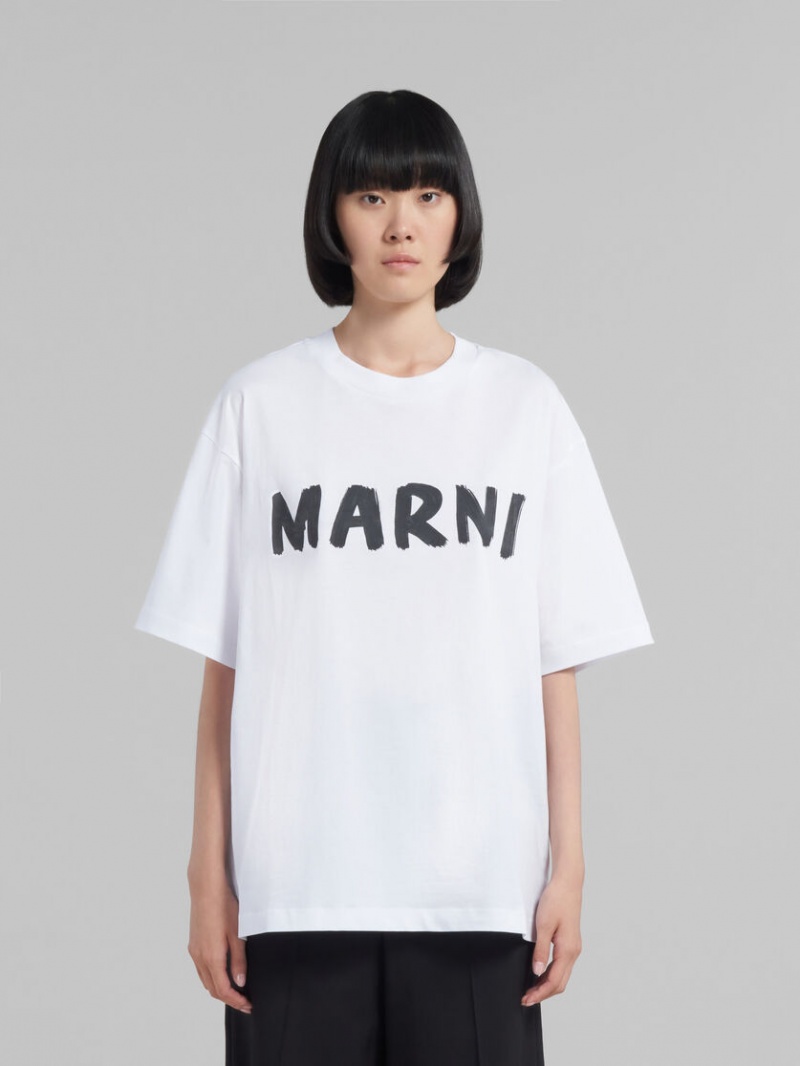 Marni Bio Bomull T-shirt With Logo Vita | FSEHY93629