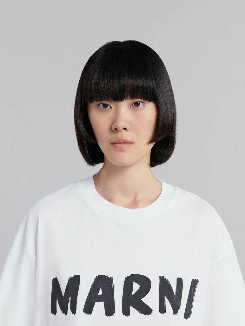 Marni Bio Bomull T-shirt With Logo Vita | FSEHY93629