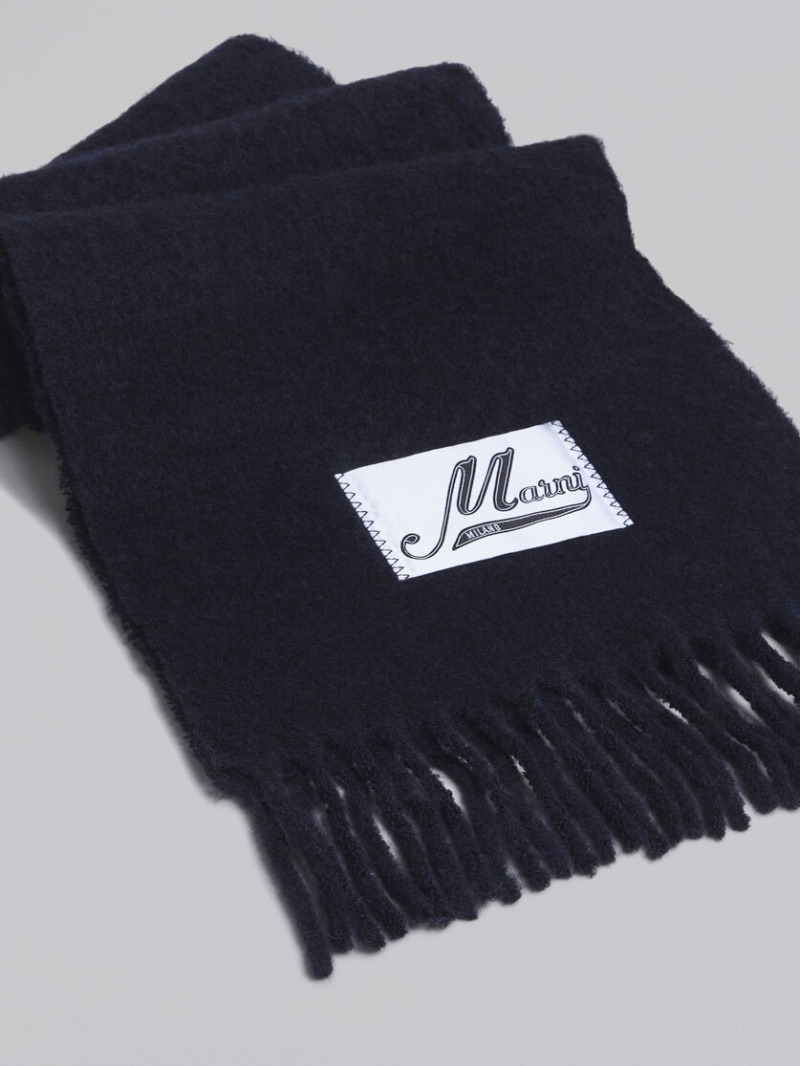 Marni Brushed Alpaca Scarf With Fringes Marinblå | FSEUI98942