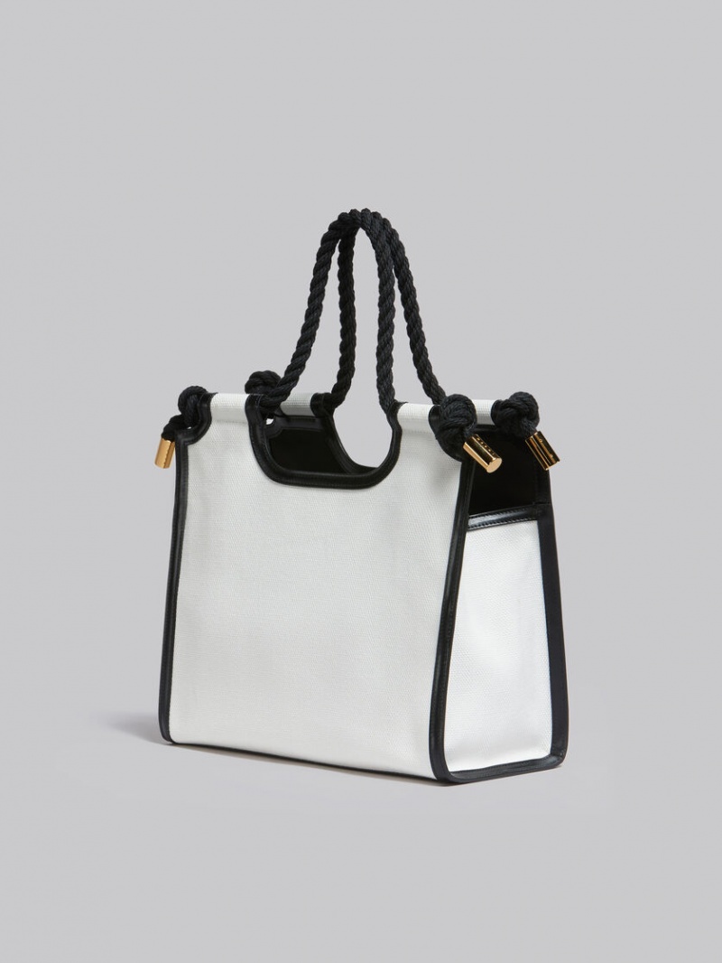 Marni Canvas Marcel Tote Bag Vita Svarta | TSEWZ23845