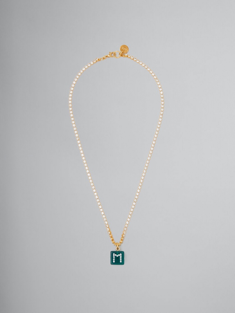 Marni Chain Necklace With Rhinestone Dice Charm Guld Gröna | SEDYB74966