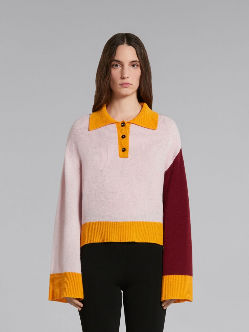 Marni Colour-block Cashmere Polo Jumper Rosa | QSEUV77979