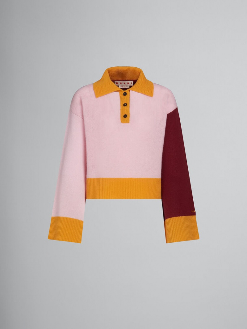 Marni Colour-block Cashmere Polo Jumper Rosa | QSEUV77979