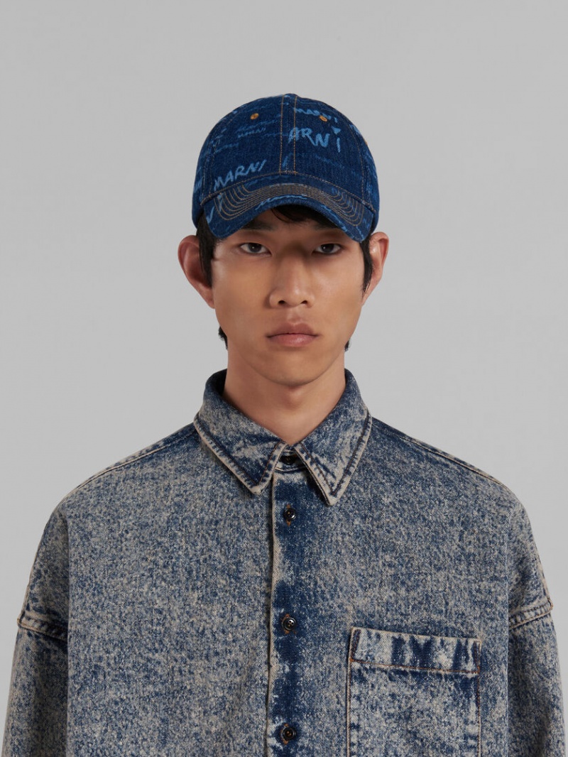 Marni Denim Baseball Cap With Mega Marni Motif Blå | SECIF76550