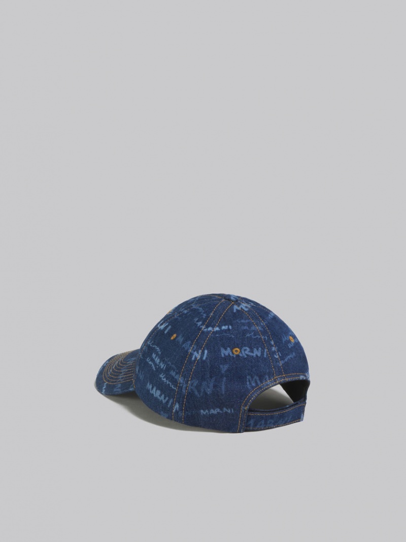 Marni Denim Baseball Cap With Mega Marni Motif Blå | SECIF76550