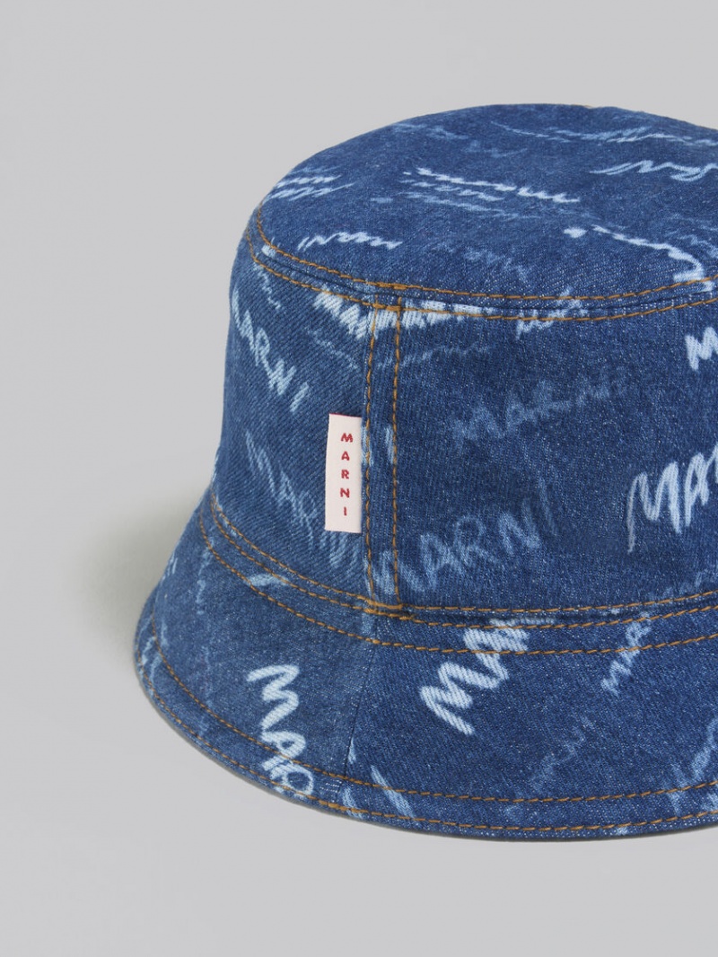 Marni Denim Bucket Hat With Mega Marni Motif Blå | MSEFT45725