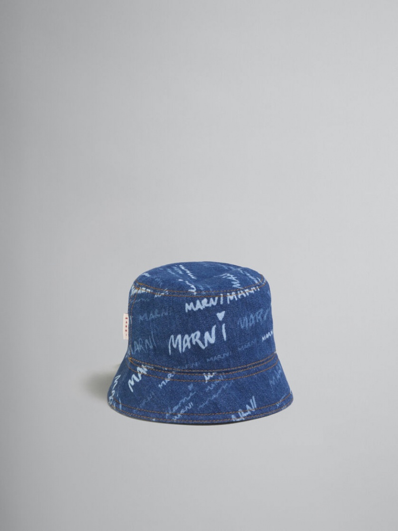 Marni Denim Bucket Hat With Mega Marni Motif Blå | MSEFT45725