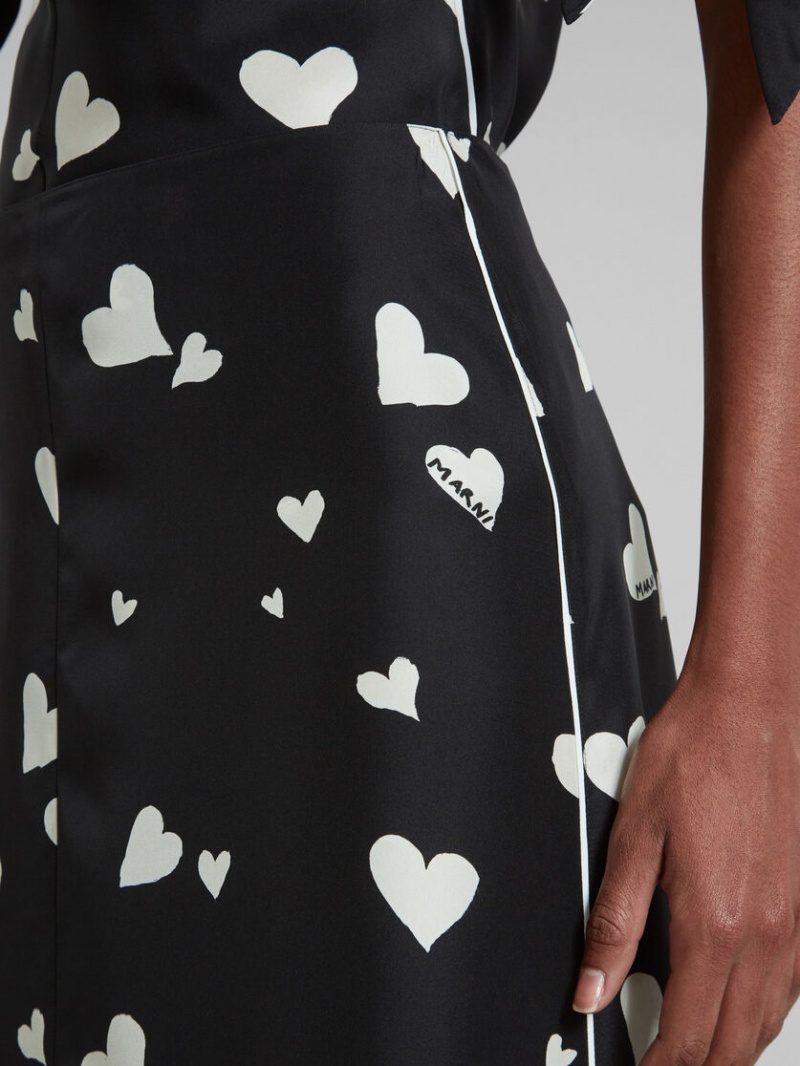 Marni Flared Silk Skirt With Bunch Of Hearts Print Svarta | XSEBH13677