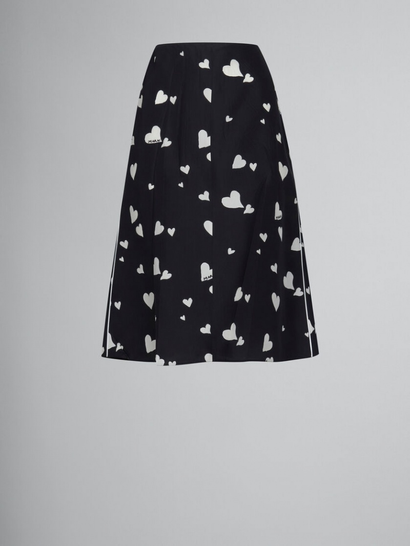 Marni Flared Silk Skirt With Bunch Of Hearts Print Svarta | XSEBH13677