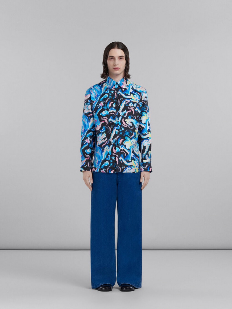 Marni Flared Trousers In Coated Denim Blå | GSEUC18039