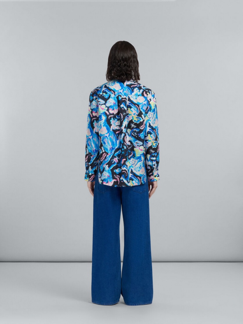 Marni Flared Trousers In Coated Denim Blå | GSEUC18039