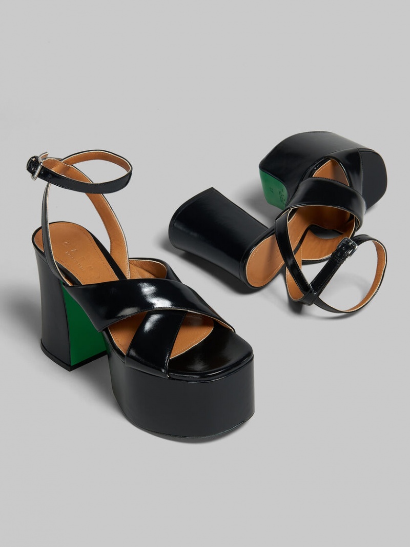 Marni Lack Läder Platform Sandal Svarta | SEQCS77934