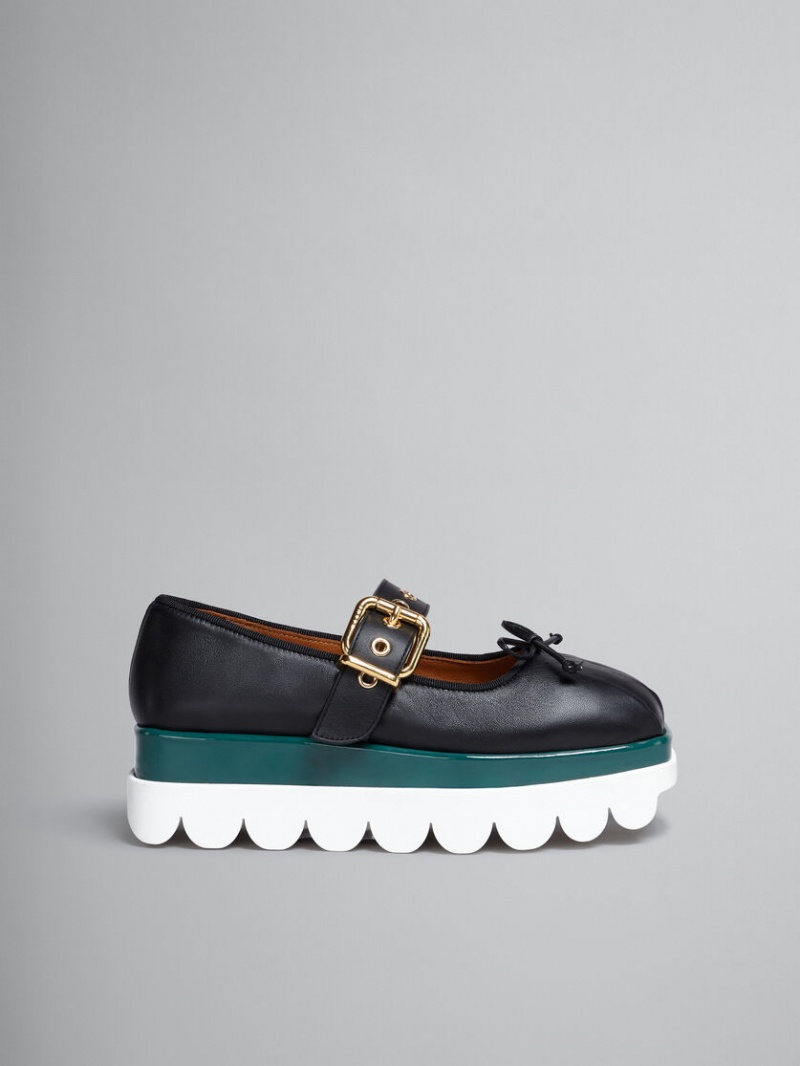 Marni Läder Mary Jane Shoe With Scalloped Sole Svarta | SEEAH44756