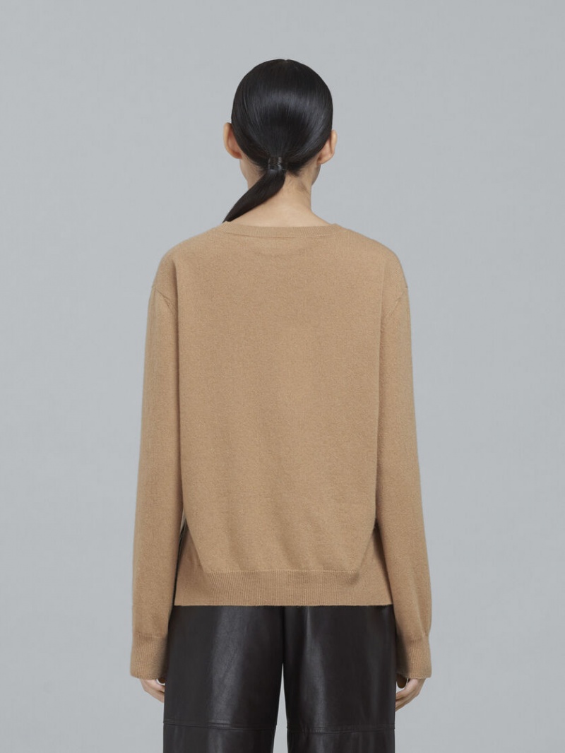 Marni Logo Cashmere Crewneck Tröja Beige | SEICD62127