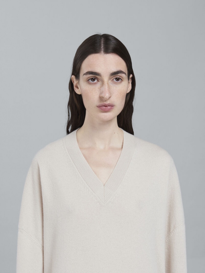 Marni Logo Cashmere V-neck Long Tröja Vita | SSEVO88388