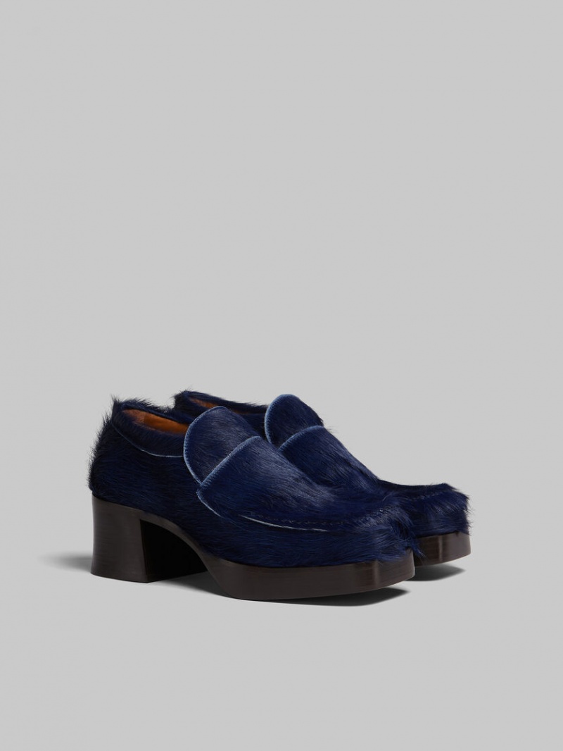 Marni Long Hair Calfskin Klackar Loafer Mörkblå | SEQCS29410