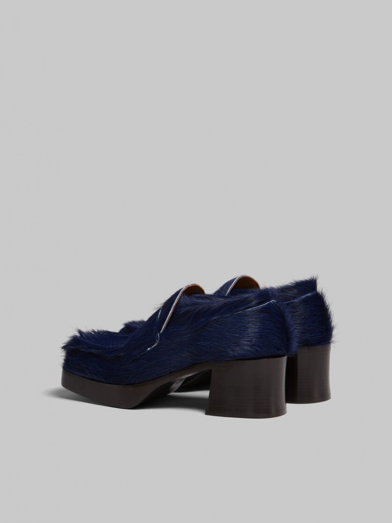 Marni Long Hair Calfskin Klackar Loafer Mörkblå | SEQCS29410