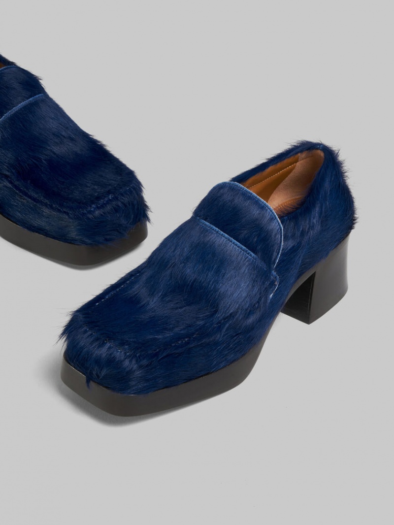 Marni Long Hair Calfskin Klackar Loafer Mörkblå | SEQCS29410