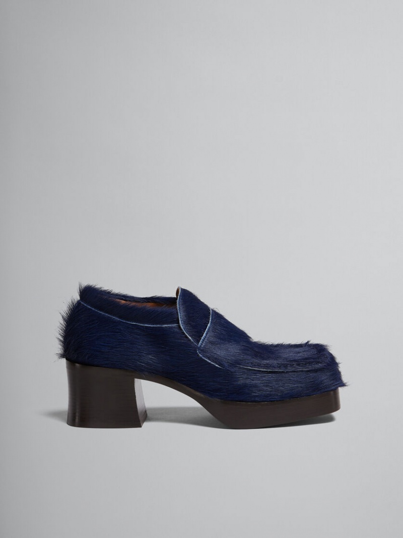 Marni Long Hair Calfskin Klackar Loafer Mörkblå | SEQCS29410