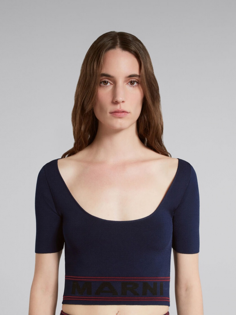 Marni Scoop-neck Top With Logo Hem Blå | BSESD89756