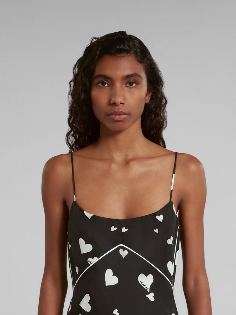 Marni Silk Slip With Bunch Of Hearts Print Svarta | SEJBT73415