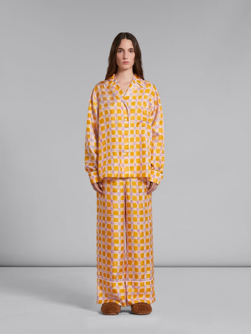 Marni Silk Twill Pyjama Pants With Check Fields Print Gula | SSENY51031