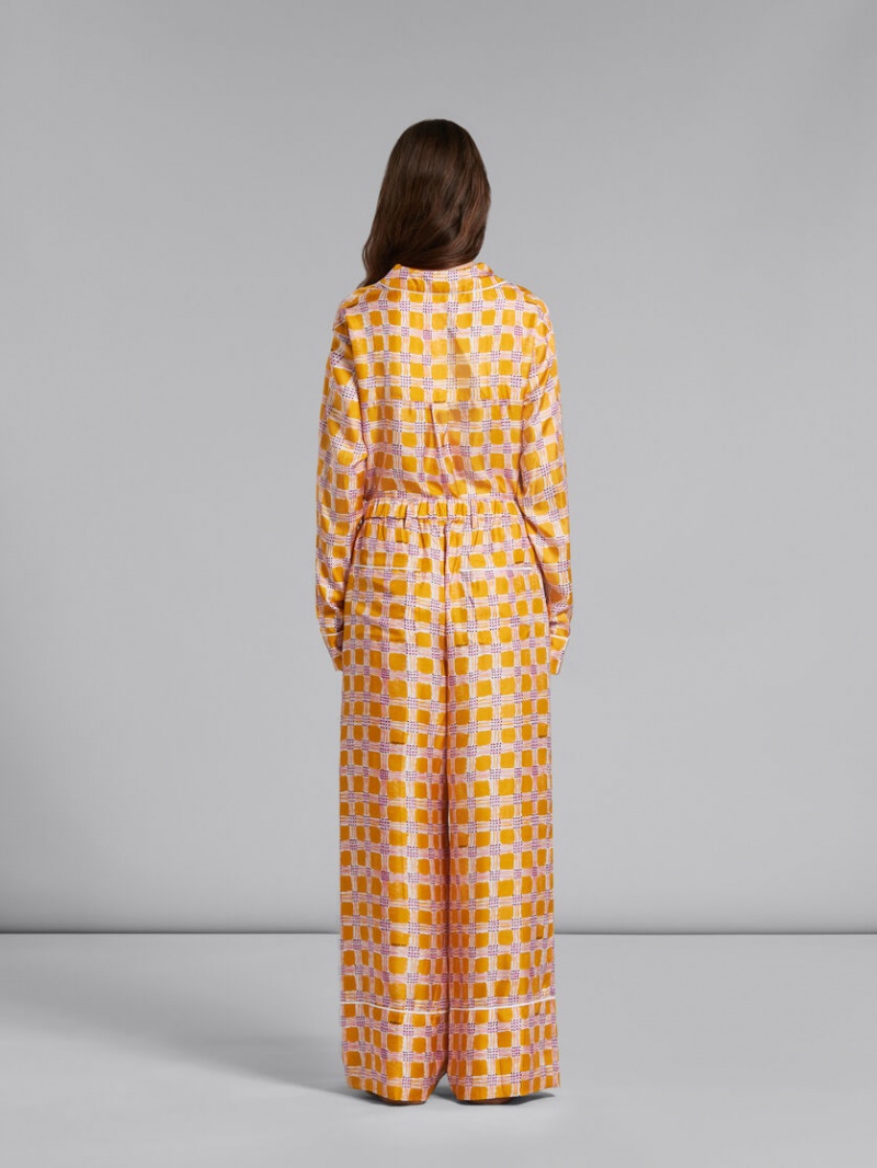 Marni Silk Twill Pyjama Pants With Check Fields Print Gula | SSENY51031