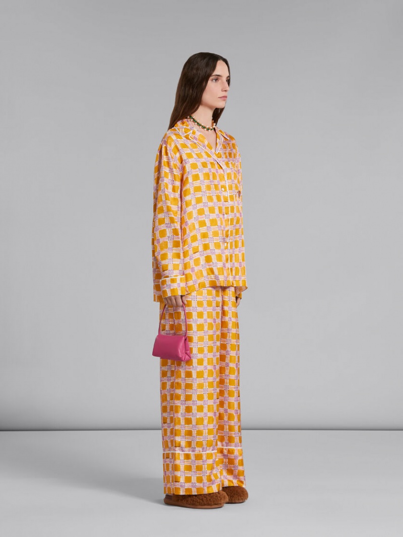 Marni Silk Twill Pyjama Pants With Check Fields Print Gula | SSENY51031