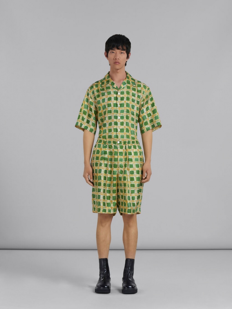 Marni Silk Twill Shorts With Check Fields Print Gröna | QSEUV55194