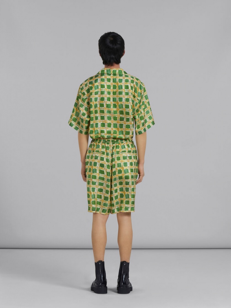 Marni Silk Twill Shorts With Check Fields Print Gröna | QSEUV55194