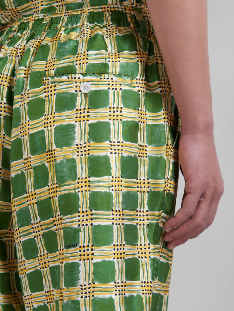 Marni Silk Twill Shorts With Check Fields Print Gröna | QSEUV55194