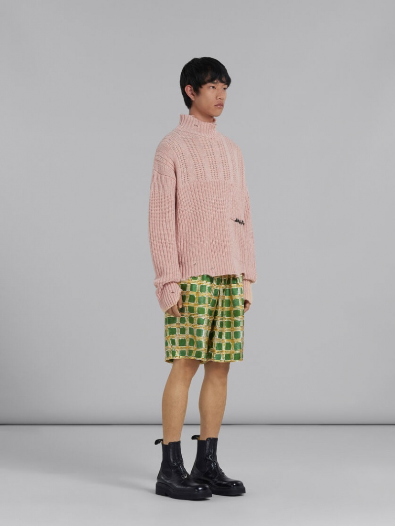 Marni Silk Twill Shorts With Check Fields Print Gröna | QSEUV55194