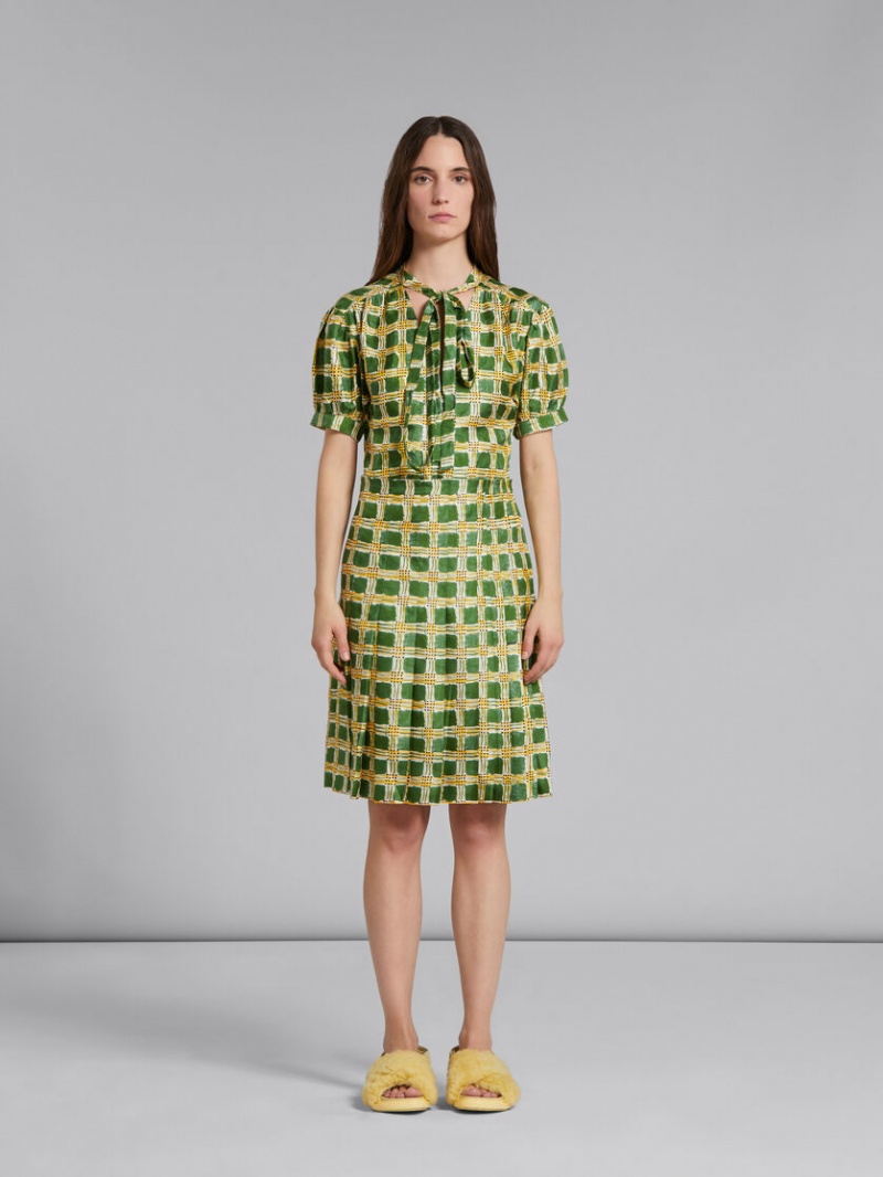 Marni Silk Twill Skirt With Check Fields Print Gröna | ASEDF26601