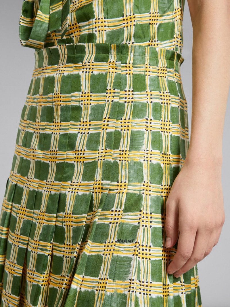 Marni Silk Twill Skirt With Check Fields Print Gröna | ASEDF26601