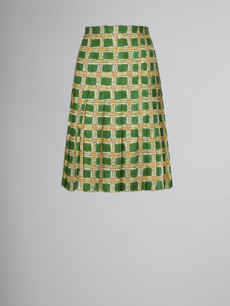 Marni Silk Twill Skirt With Check Fields Print Gröna | ASEDF26601