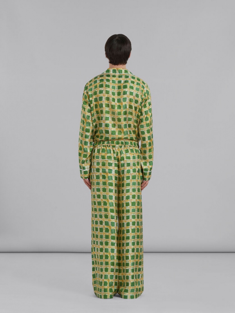 Marni Silk Twill Trousers With Check Fields Print Gröna | FSEHY52942