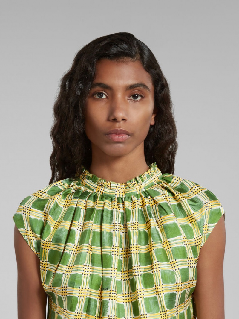 Marni Silk Twill With Check Fields Print Gröna | GSEEC27902