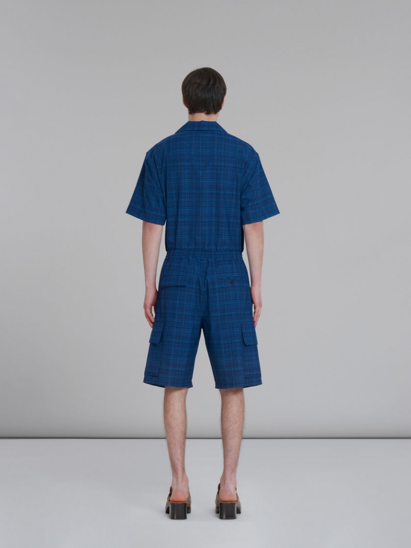 Marni Stretch Midja Cargo Shorts In Checked Light Ull Blå Ljus | SEJVR85617