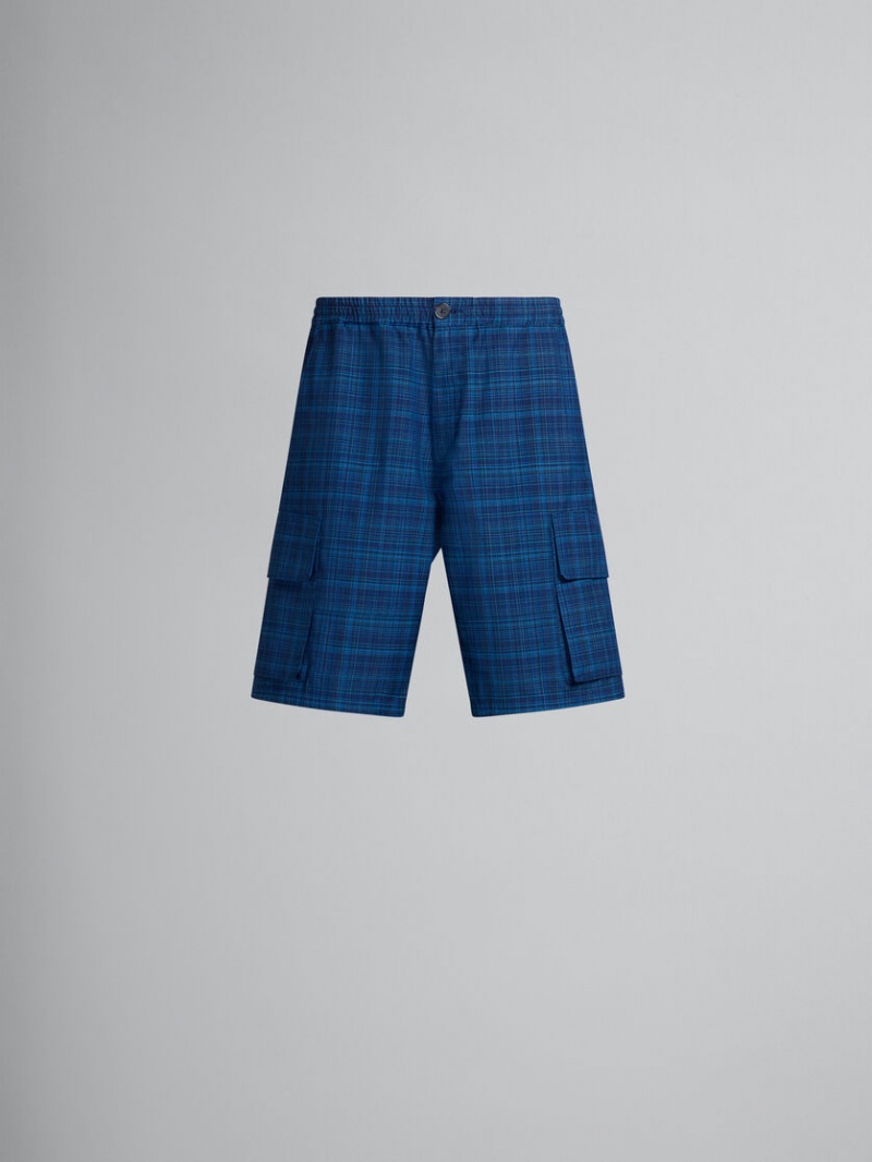 Marni Stretch Midja Cargo Shorts In Checked Light Ull Blå Ljus | SEJVR85617