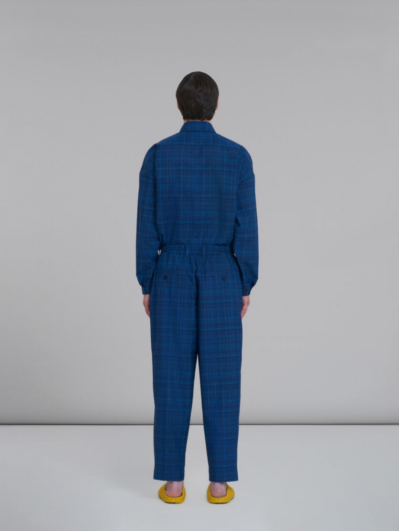 Marni Stretch Midja Trousers In Checked Light Ull Blå Ljus | XSEBH54086