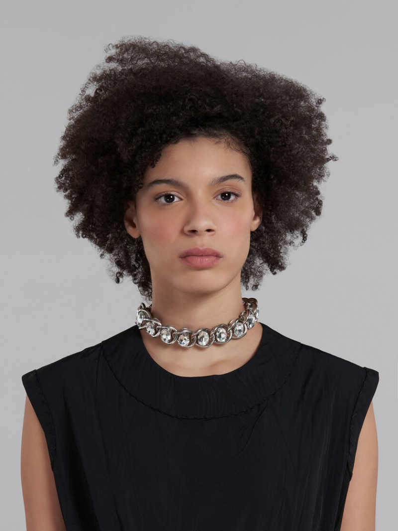 Marni Tjock Chain Necklace With Rhinestones Silver | SEJKU17421