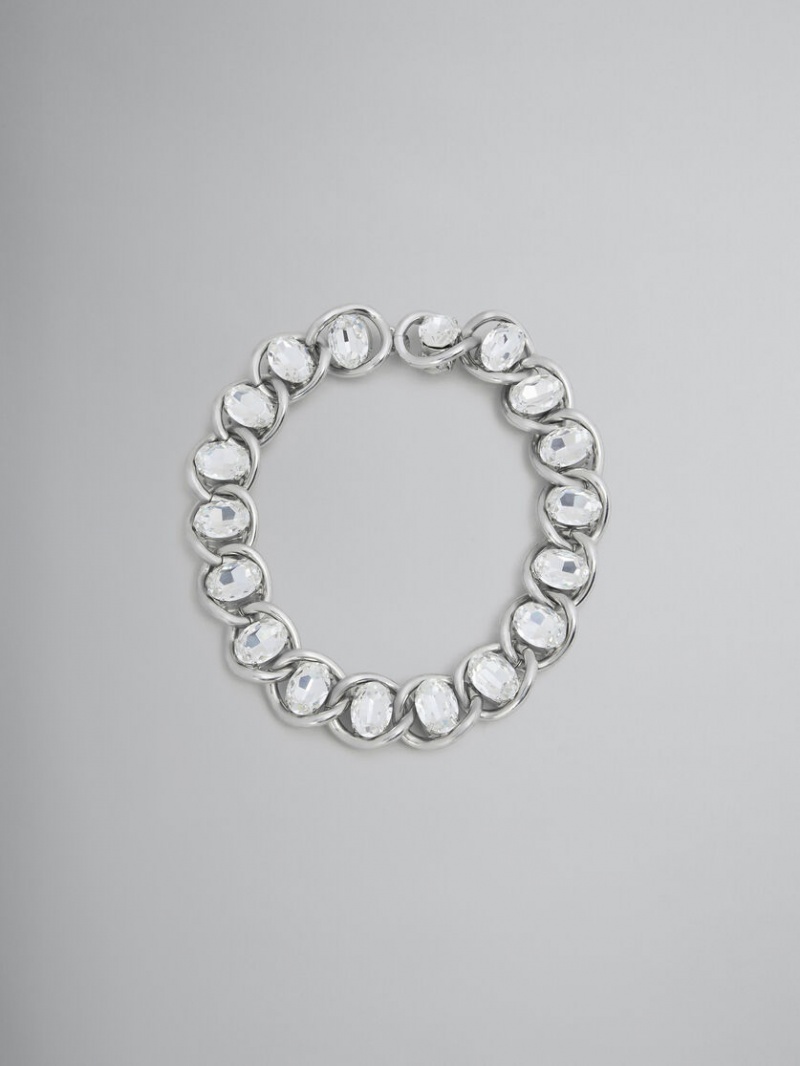 Marni Tjock Chain Necklace With Rhinestones Silver | SEJKU17421